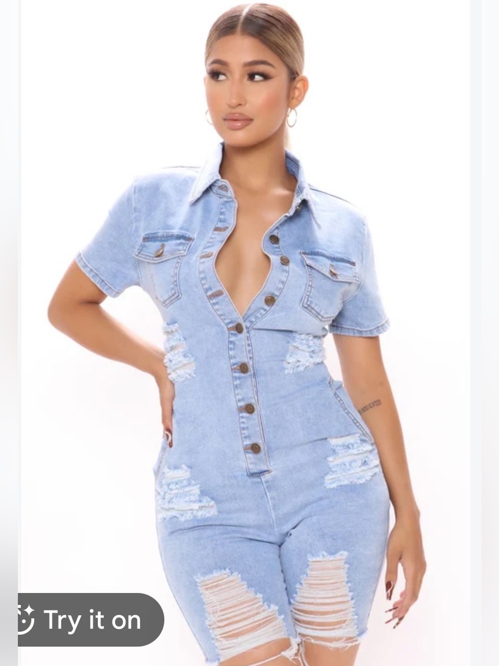 Fashion Nova Soft Denim 4 way stretch Body Hugging Romper Distressed Sz M